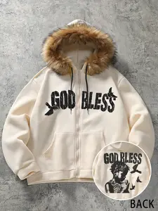 Men's Faux Fur Hooded Fitted Zipper Jacket, God Person Bird Graphic Print, Street Fashion Streetwear Windbreaker, Warm Stylish Design, Casual Fall & Winter Wear
