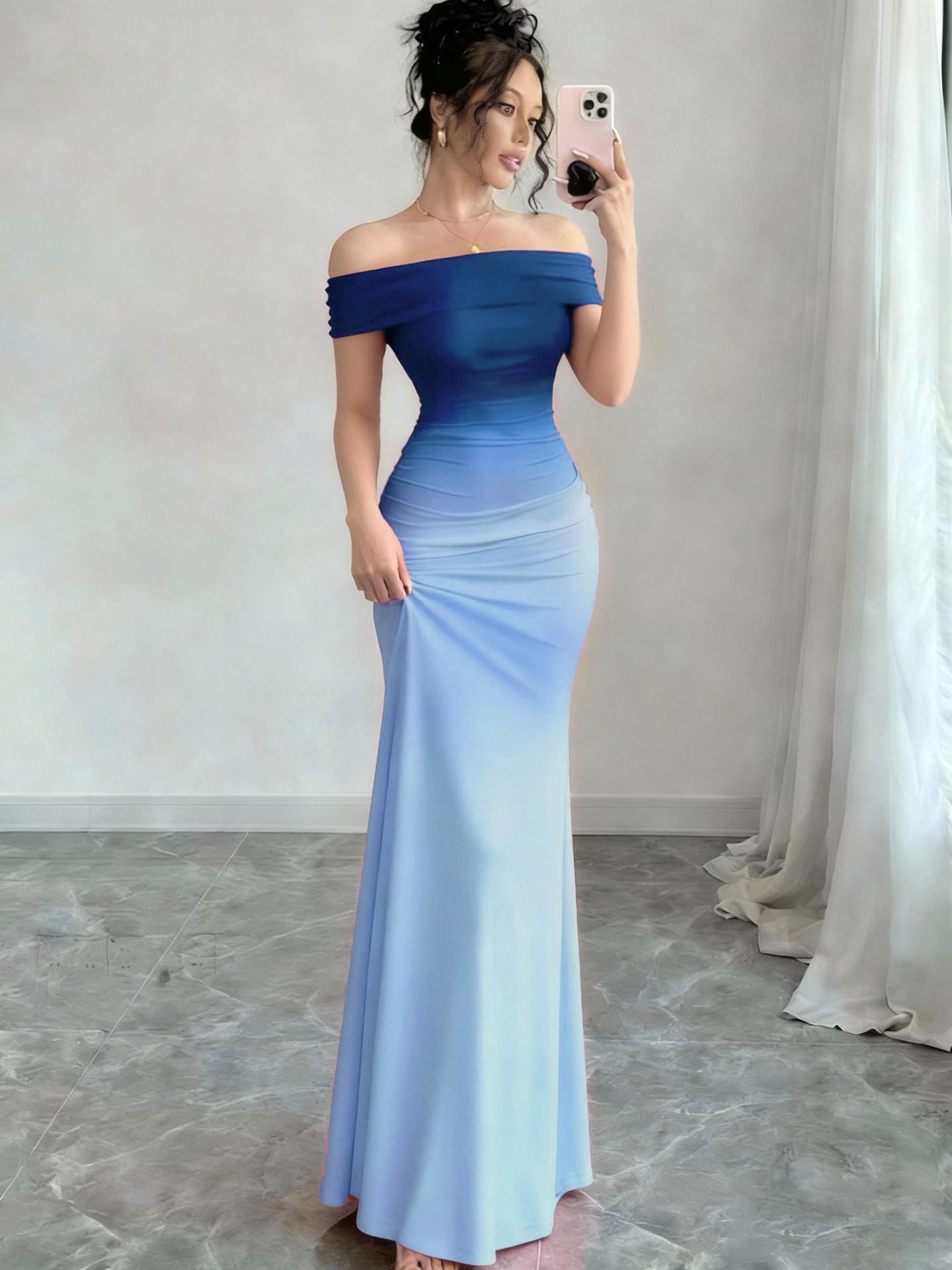 Women's 2026 New Stylish Off-Shoulder Short-Sleeve Ombré Effect Bodycon Maxi Dress for Evening Wear
