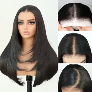Synthetic 9x7 Glueless Layered cut Lace Front Straight Wig Wear And Go Pre Plucked Pre Cut Natural Hairline with Tiny Knots High-quality synthetic hair