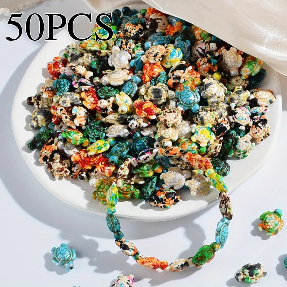 50pcs/set Vibrant Mixed Color Stone Turtle Beads - Loose Gemstones - 3D Turquoise Jewelry Making Supplies for DIY Bracelet, Necklace, Earring, Home Decoration