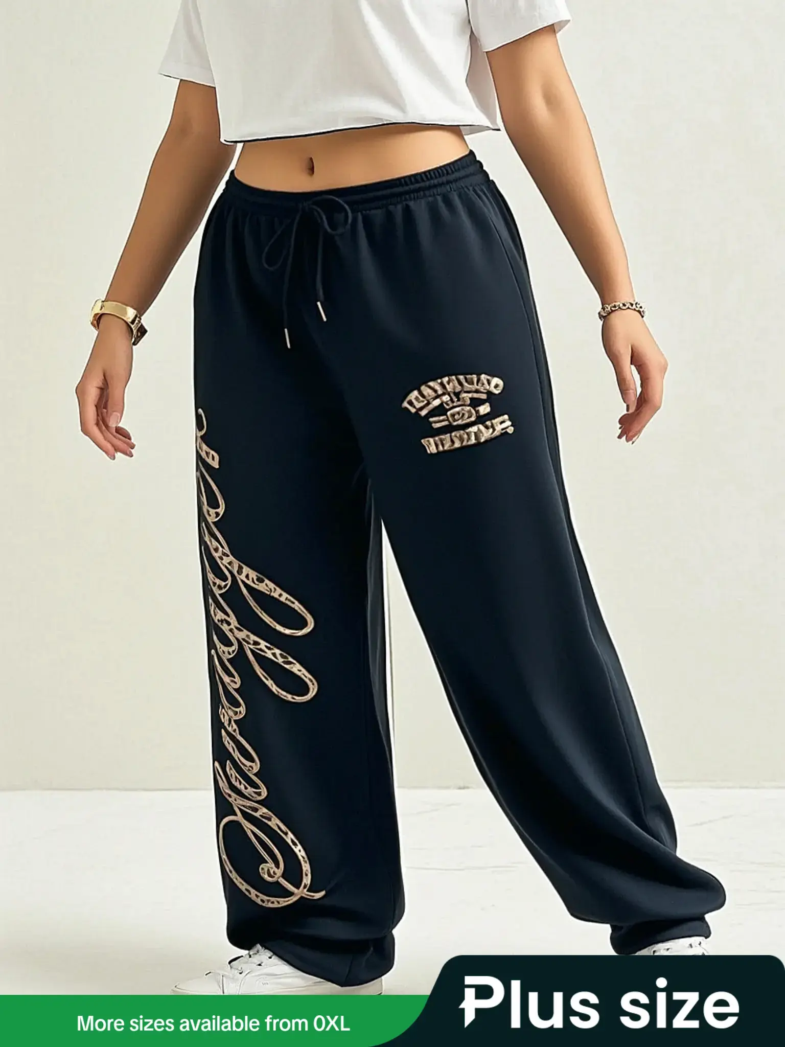 Women's Plus Size Warm Thick Loose Sports Pants with Logo Print, Winter Casual Sweatpants for Comfort and Style, Perfect for Outdoor Activities, Athleisure Style Pants, Loose Fit Bottoms