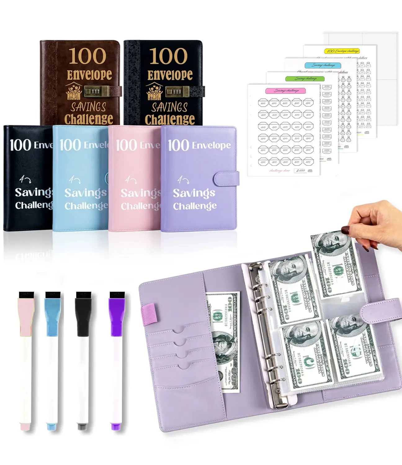 CAGIE A5 Luxury Leather Budget Binder with Password Lock, 100 Envelopes, Planner Notebook, Financial Tracker, Savings Challenge Organizer, Reusable Trackers & Erasable Pen for Women (Office Stationery Organizer)