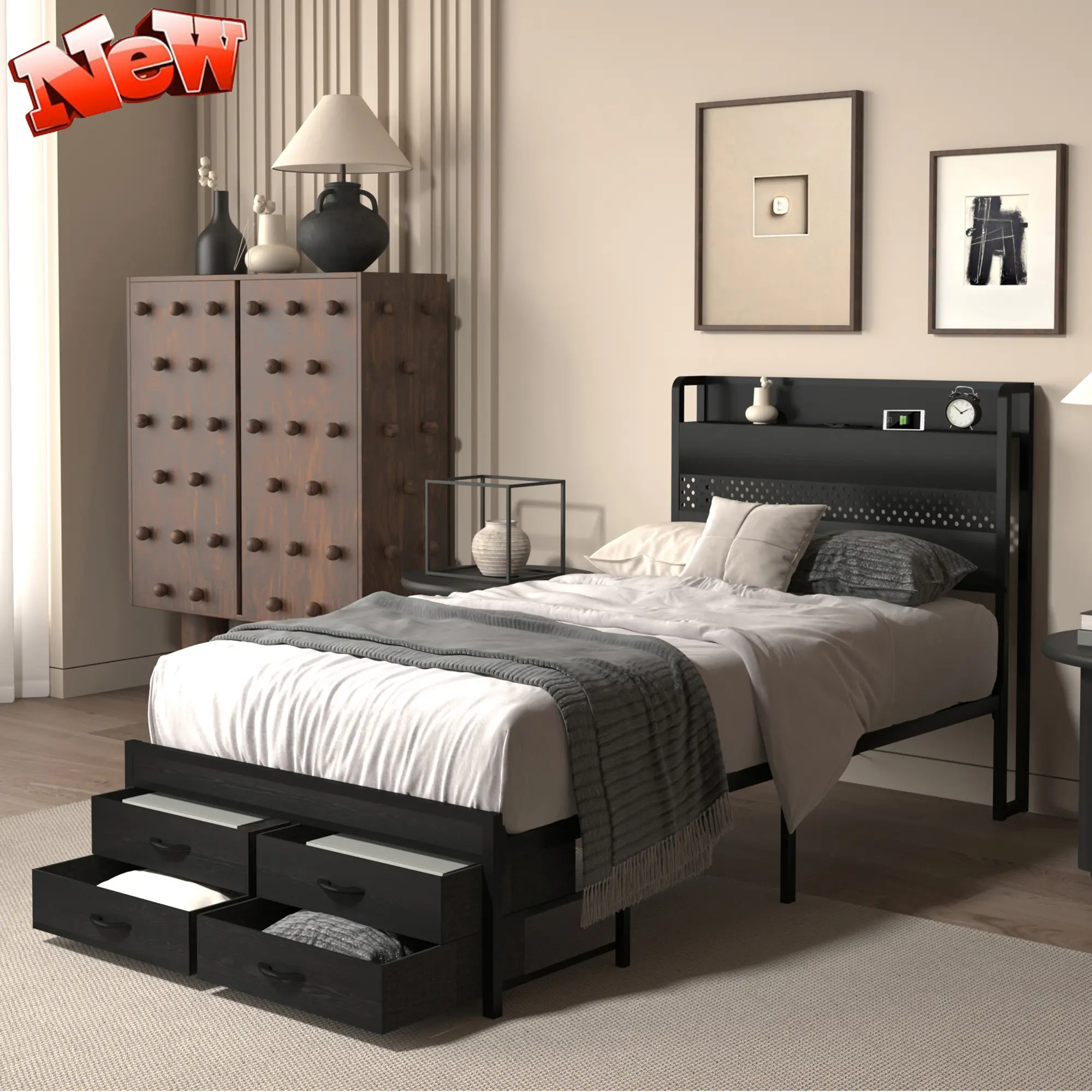 Twin Size Bed Frame with 4 Storage Drawers, Smart Charging Station, Sturdy Metal Platform, RGB LED Lights & Bookshelf Headboard, No Box Spring Needed (Black, Twin), Sturdy Metal Frame