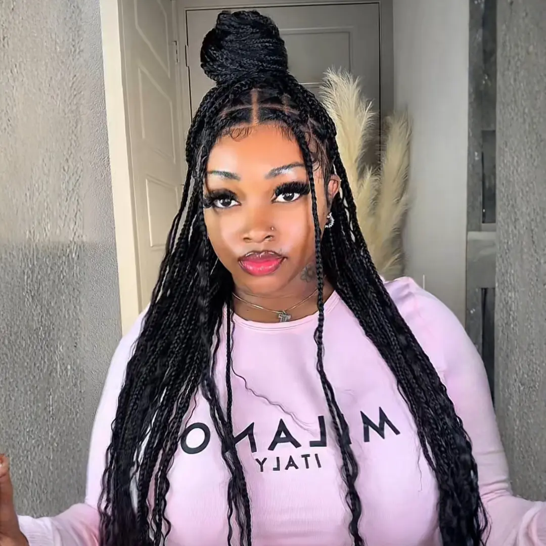 Human Hair Blend Full Lace Boho Braided Wig - 34" Long (34 inch) Human Hair Curly Ends, Knotless Box Braid, Island Twist Hairstyle, Beginner Friendly, Ready-to-Wear for Spring & Summer Vibes