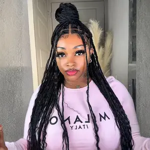 【Human Hair Blend】Sunber Full Lace Boho Braided Wigs With Human Hair Curly Ends 34“ Pre Cut Lace Knotless Box Braid Wigs Island Twist Hairstyle Beginner Friendly SpringStatements Summervibes summerwins