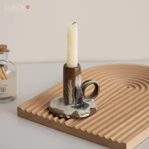 Vintage Ceramic Candle Holder, Hand-Painted Rustic Pottery Decor for Coffee Table & Home Accent