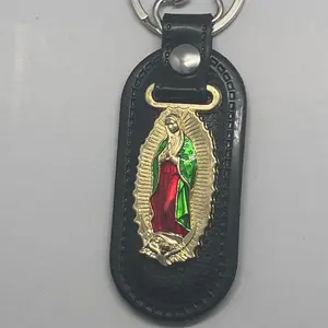 Virgen de Guadalupe Stainless Steel & PU Leather Keychain Virgin Mary Fashionable Zinc Alloy Car Pendant Ornament Decorative Key Chain Portable Blessing Protection Accessory