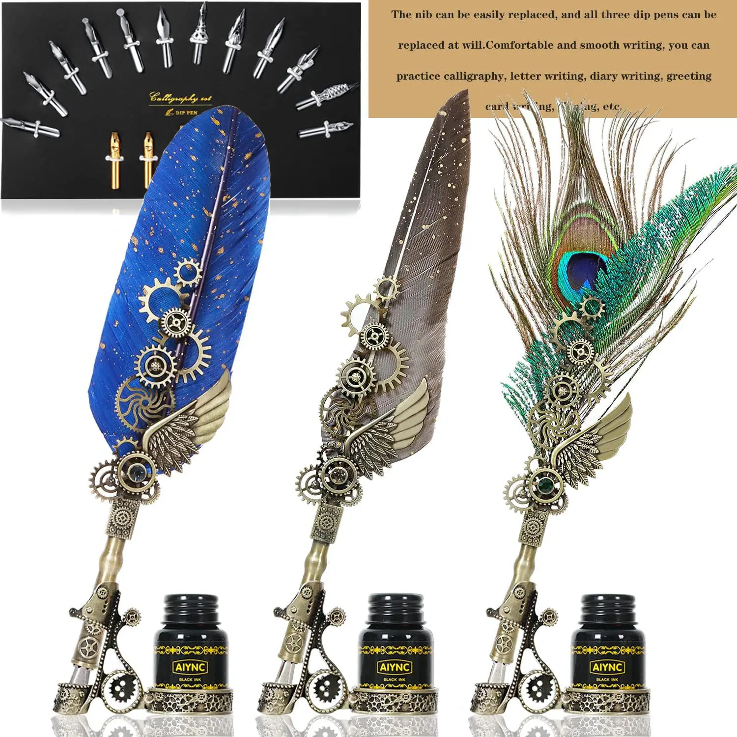 Vintage Goose Quill Pen and Ink Set - Classic Series Calligraphy Kit with Color Ink, Wax Seal Stamp, Ideal Holiday Gift for Calligraphy Enthusiasts