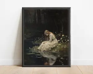 Dark Academia Witch of the Lake Oil Painting, Dark Wall Art, Moody Decor, Halloween Art, Vintage Decor, Gothic Art, Witchy Print, Somber Art