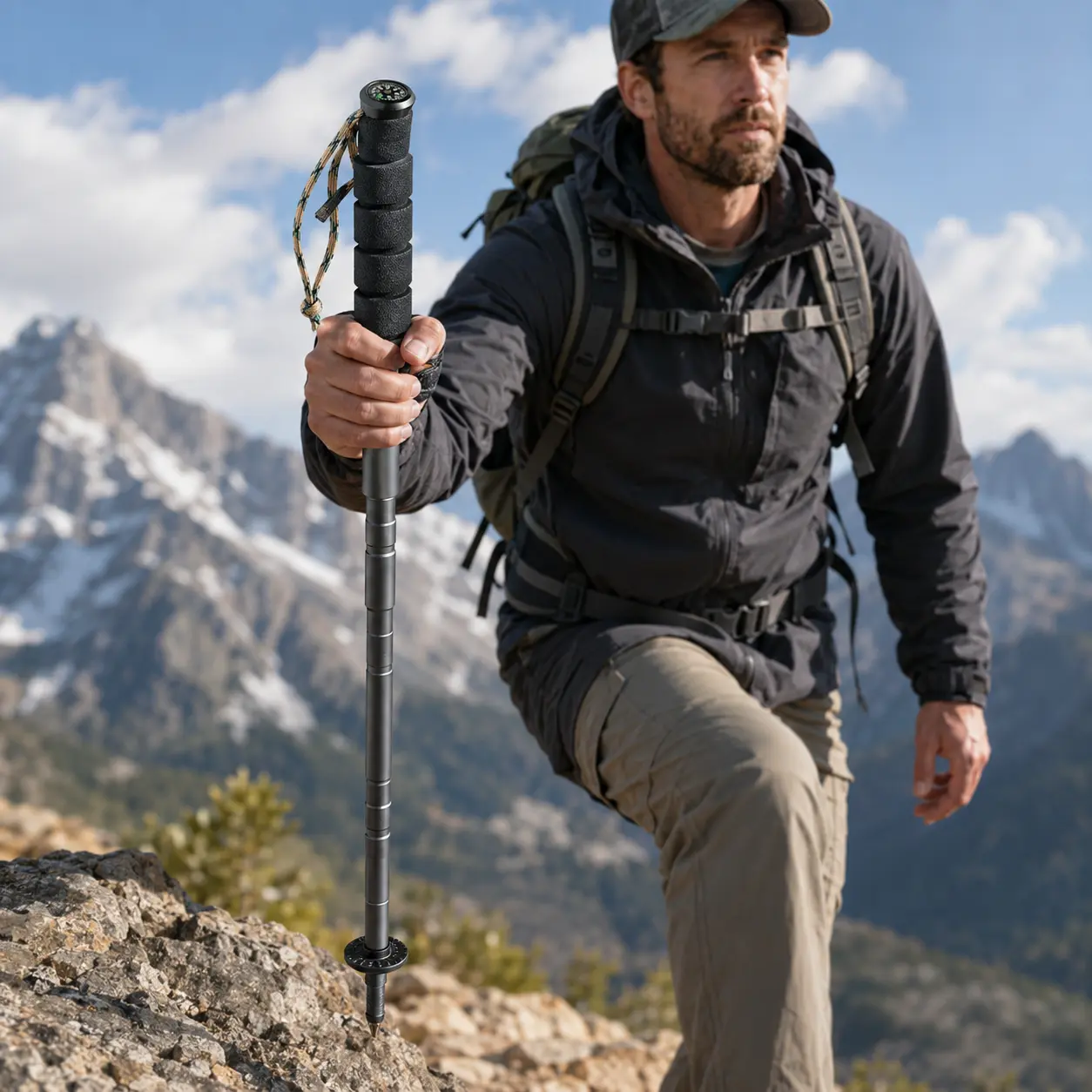 7-in-1 Tactical Trekking Pole, Detachable Shock-Absorbing Aluminum Hiking Stick with Adjustable Length, Collapsible Walking Pole for Backpacking, Camping and Outdoor Survival