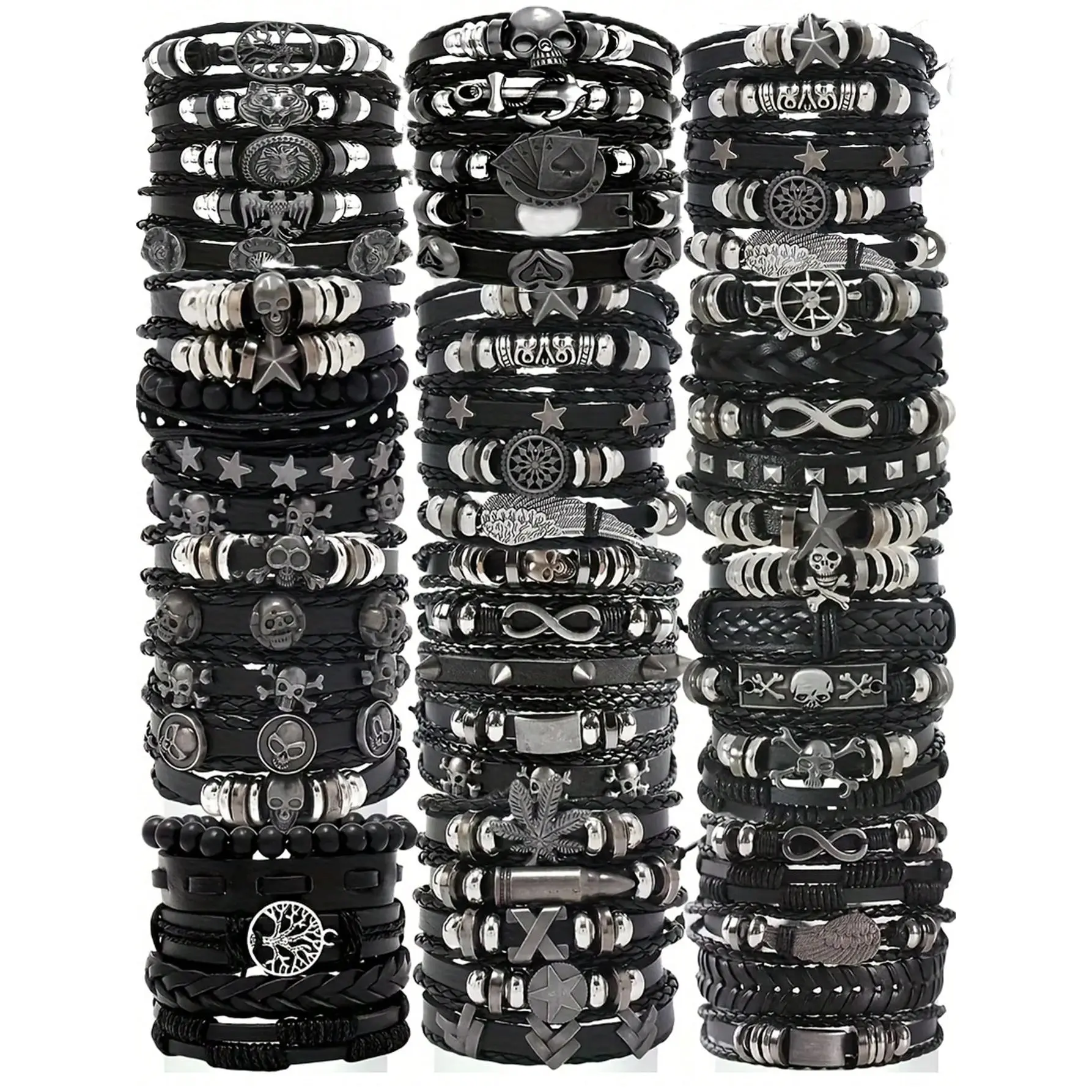 Punk PU Synthetic Leather Bracelets, 10/20/30 Pcs Mixed Pack for Men, Gothic Style Jewelry with Assorted Skull, Cross & Star Designs, Rock Men's Accessories for Holiday Wear, Punk Accessories, Pu Leather, Mix Packs, Skull Motifs