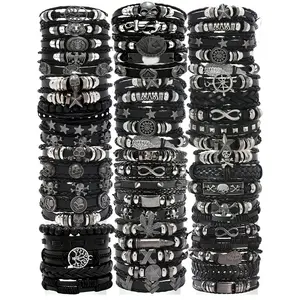 10/20/30Pcs Men's Cool Punk Style Hip Hop Faux Leather Bracelet Skull Cross Star Design Vintage Hand Jewelry For Men Women Gifts Thanksgiving Father's Day Graduation Creative Metal Dots Fashion Jewelry