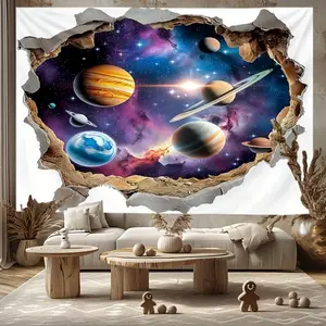 1pc 2D Flat 3D Space Planet Tapestry Galaxy Universe Wall Hanging Decor Solar System Tapestry for Bedroom Living Room Apartment Dormitory Polyester Square Shape Clip - on No Power Needed Battery - White