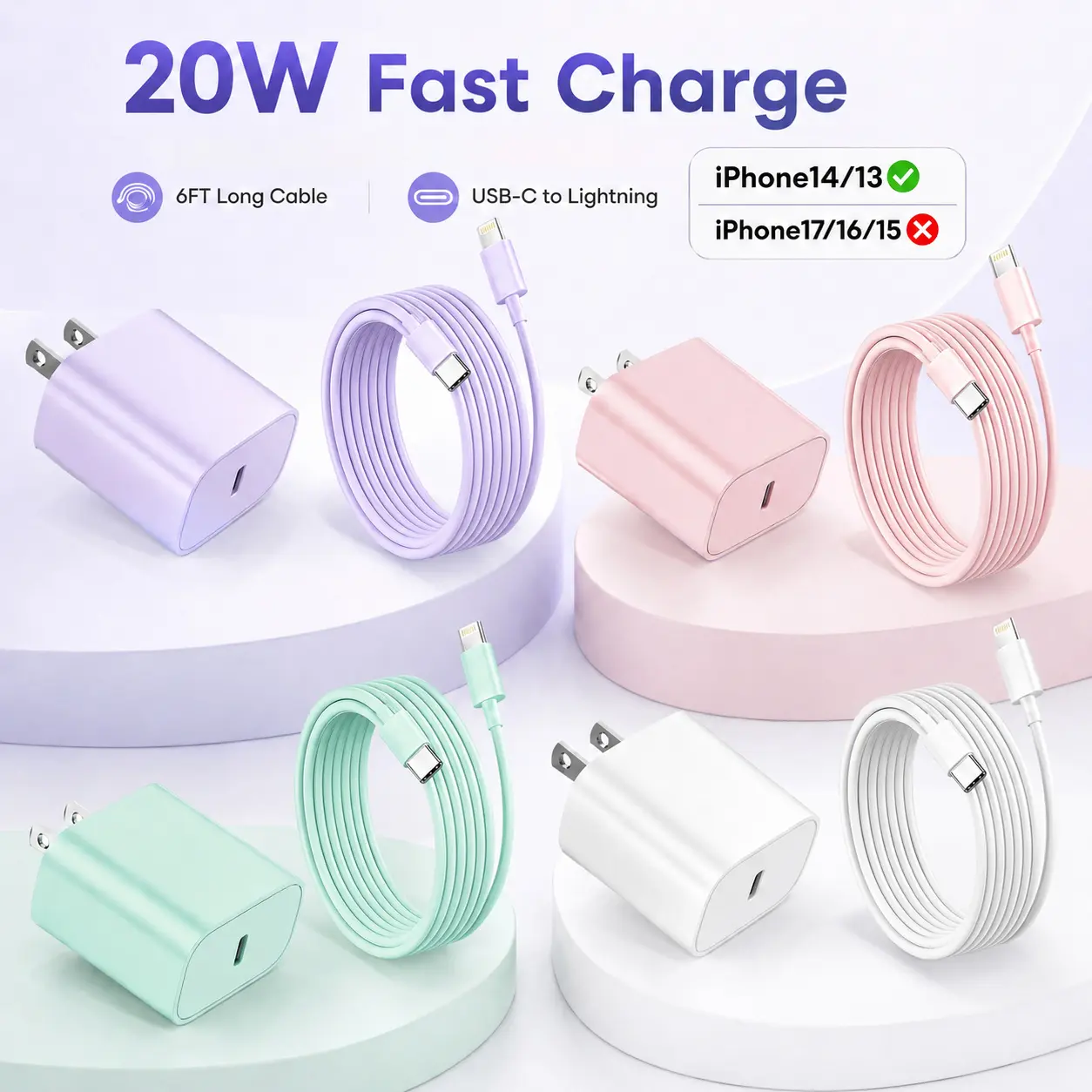 20W Fast Charger for iPhone 14/13/12/11, USB-C Wall Charger with 6FT Lightning Cable, cord White/Pink/Purple/Green Durable Smartphone