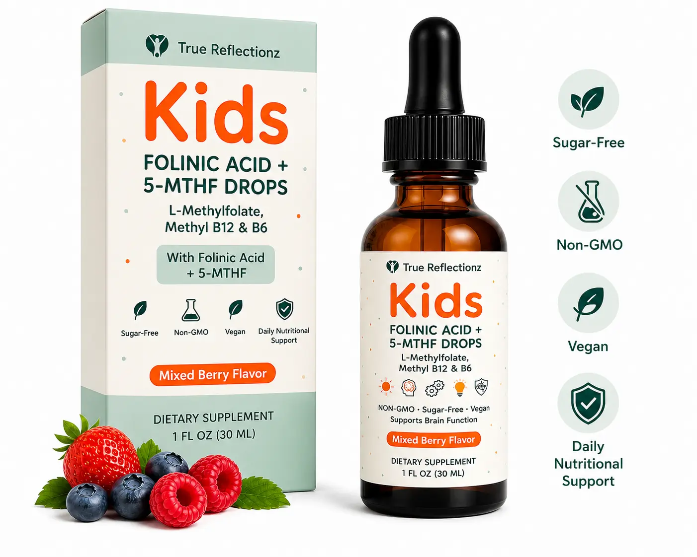 Folinic Acid Drops Liquid Supplement Sugar-Free Non-GMO Vegan Mixed Berry Flavor Dietary Supplement with L-Methylfolate Methyl B12 & B6 Vitamin True Reflectionz 777 LLC