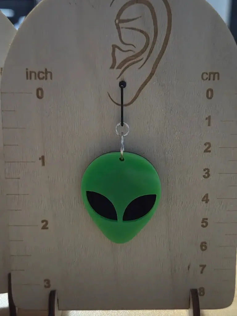 Green Alien Head Dangly Plastic Earrings