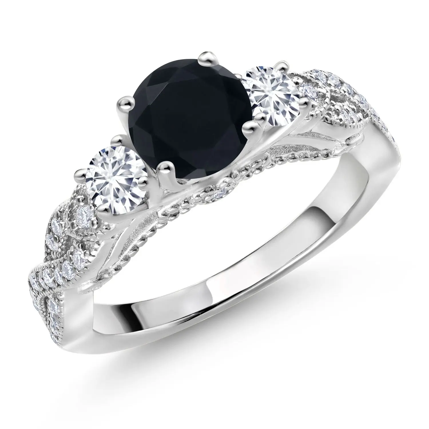 Gem Stone King 1.27 Cttw Black Onyx White Lab Grown Diamond and White Moissanite Engagement Ring For Women | 925 Sterling Silver | Round 6MM and 3MM | Wedding Anniversary Promise Ring