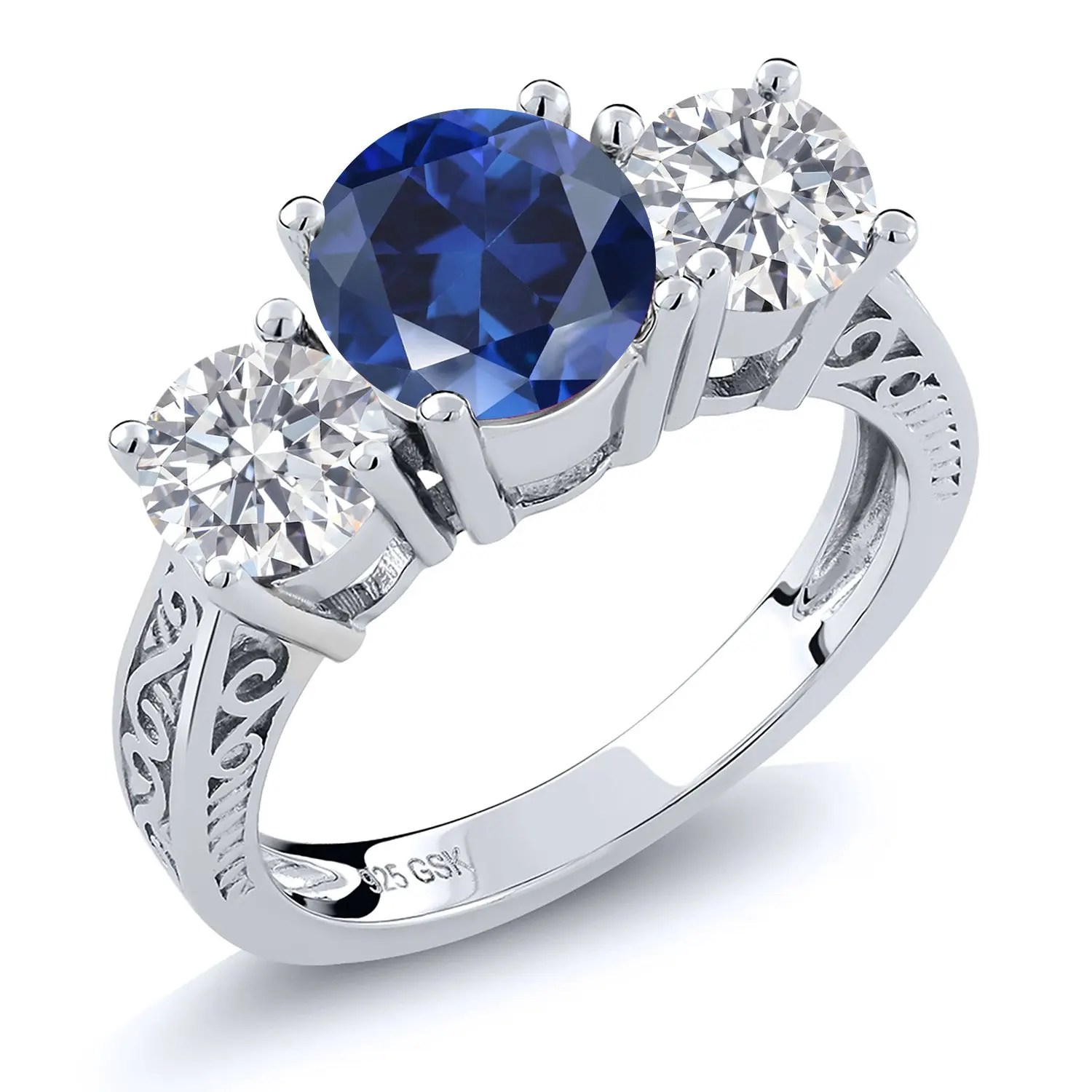 925 Sterling Silver Gemstone Birthstone and White Lab Grown Diamond 3-Stone Ring for Women | Round 7MM & 5MM | Wedding Engagement Anniversary Promise Ring with Filigree Band | Size 5-9