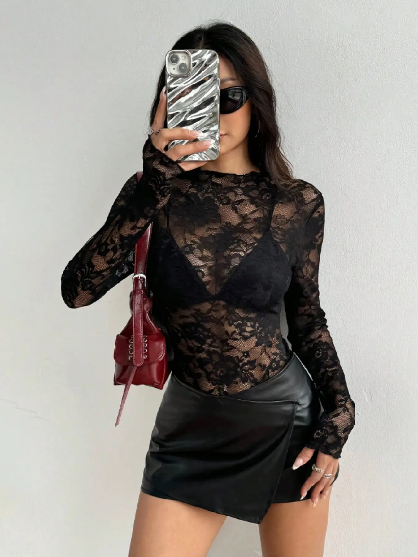 Elegant Fashion Sexy Chic Aesthetic Women's Lace Embroidery Bodycon Slimming Fit Long Sleeve Top for All Seasons Embroidered