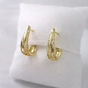 14K Gold Plated Half Hoop Earrings with Zirconia – Elegant Medium Size Textured Gold Jewelry