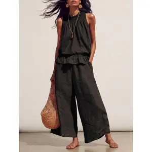 Women's Summer Solid Color Casual Retro Boho Ruffle  Sleeveless Top and Pants Two-Piece Set, Comfortable and Stylish Bohemian