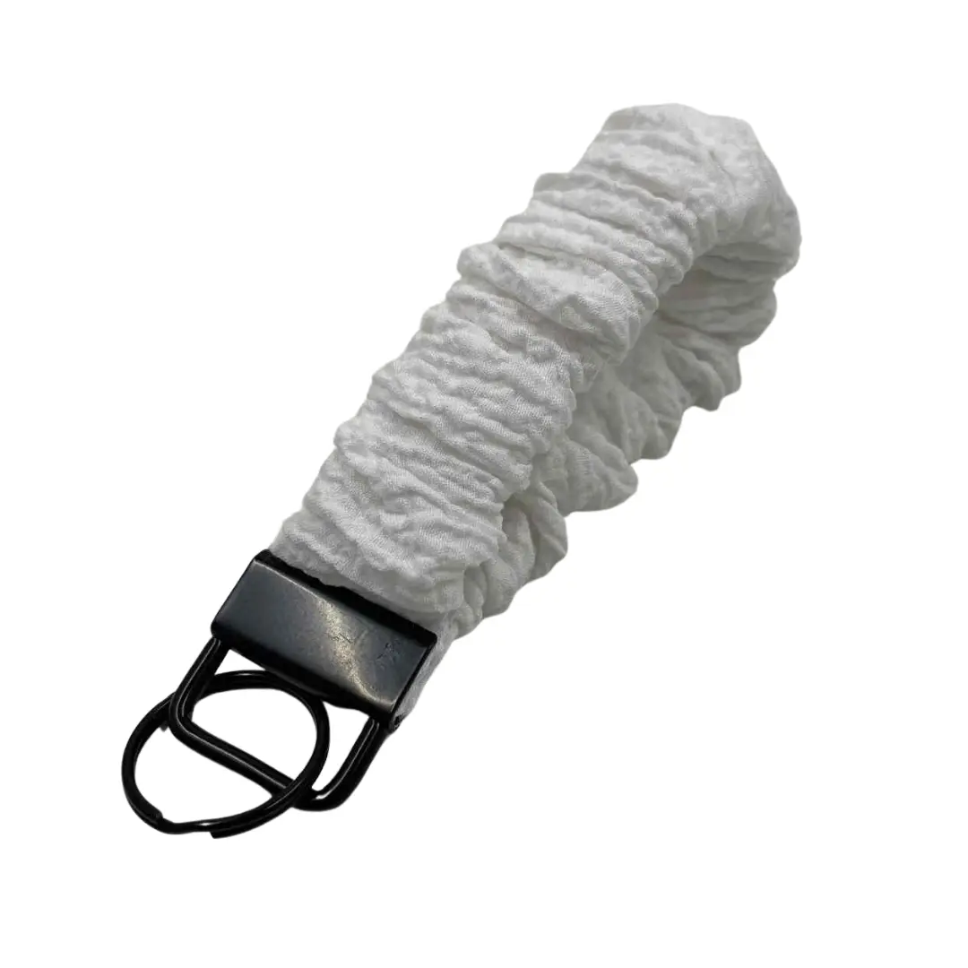 The EVEREST Scrunchie Keychain - 7" Handmade White Wristlet for Keys IDs and Hand Sanitizer Soft Crinkly Fabric Luxurious Accessory