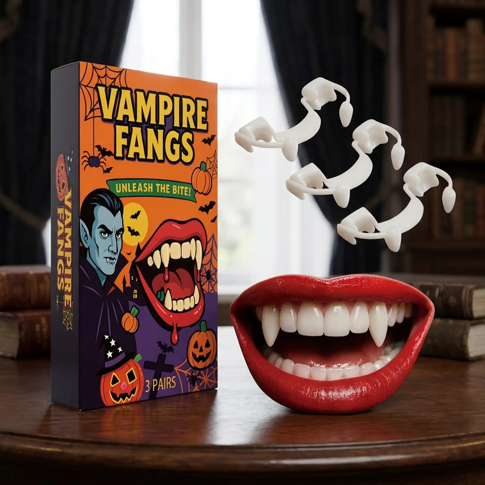 Retractable Vampire Fangs, 3 Pairs Realistic Reusable Vampire Teeth, Scary Cosplay Fake Fangs for Halloween, Party, Masquerade, Vampire Werewolf Costume Accessory for Adults & Teens