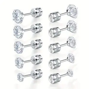 GEMSME Hypoallergenic 5 Pairs 316L Stainless Steel Screw Flat Back Earrings Cubic Zirconia Stud Earrings Titanium Earrings for Women Men E-TG3-7