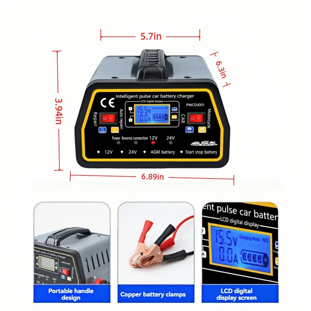 12V-24V Universal Smart Car Battery Charger Restorer Kit, 1pc Intelligent Pulse Charger with Switch Tool, Remote Kill Disconnect, Desulfator, Trickle Maintainer, Jump Starter, Emergency Light, Diesel Fuel Pulse Repair, Bluetooth Voltage Monitor