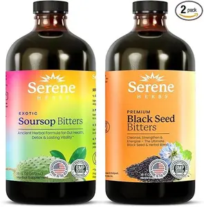 Serene Herbs Soursop Bitters Liquid & Black Seed Bundle – Organic Herbal Guanabana for Digestive Support & Immune Health – Vegan, Non-GMO – 32 oz (16 oz Each), 32 Servings