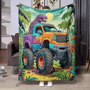 Soft, warm, cozy flannel throw blanket, 1 piece, dinosaur and pickup truck pattern, perfect for home and travel