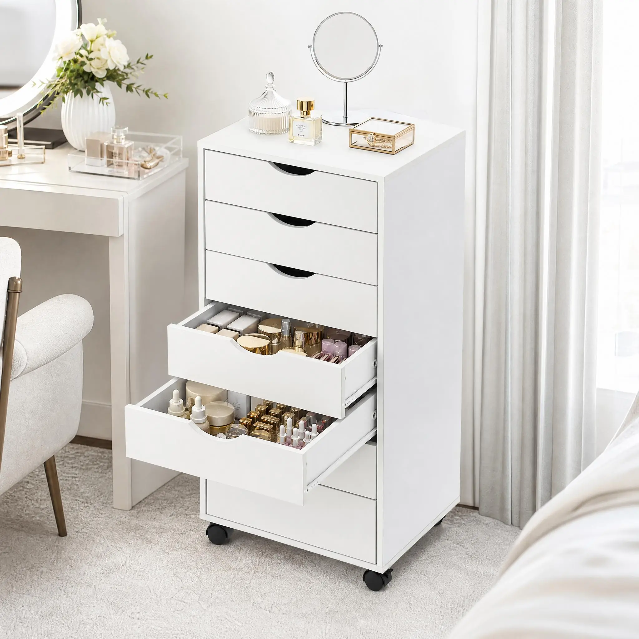 VOWNER 7-Drawer Rolling Storage Organizer with Wheels, Tall Drawer Dresser for Makeup, Files, Bedroom, Home Office