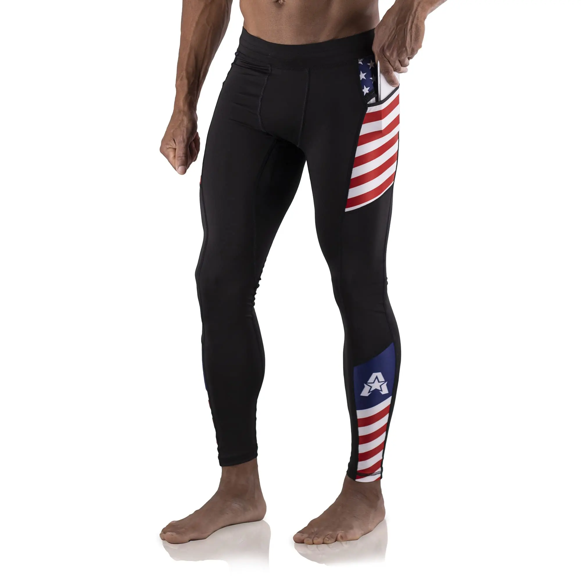 Anthem Athletics Hyperflex Mens Compression Pants – Workout, Gym, Athletic Tights Leggings - American Flag (Zipper Pocket) - Small