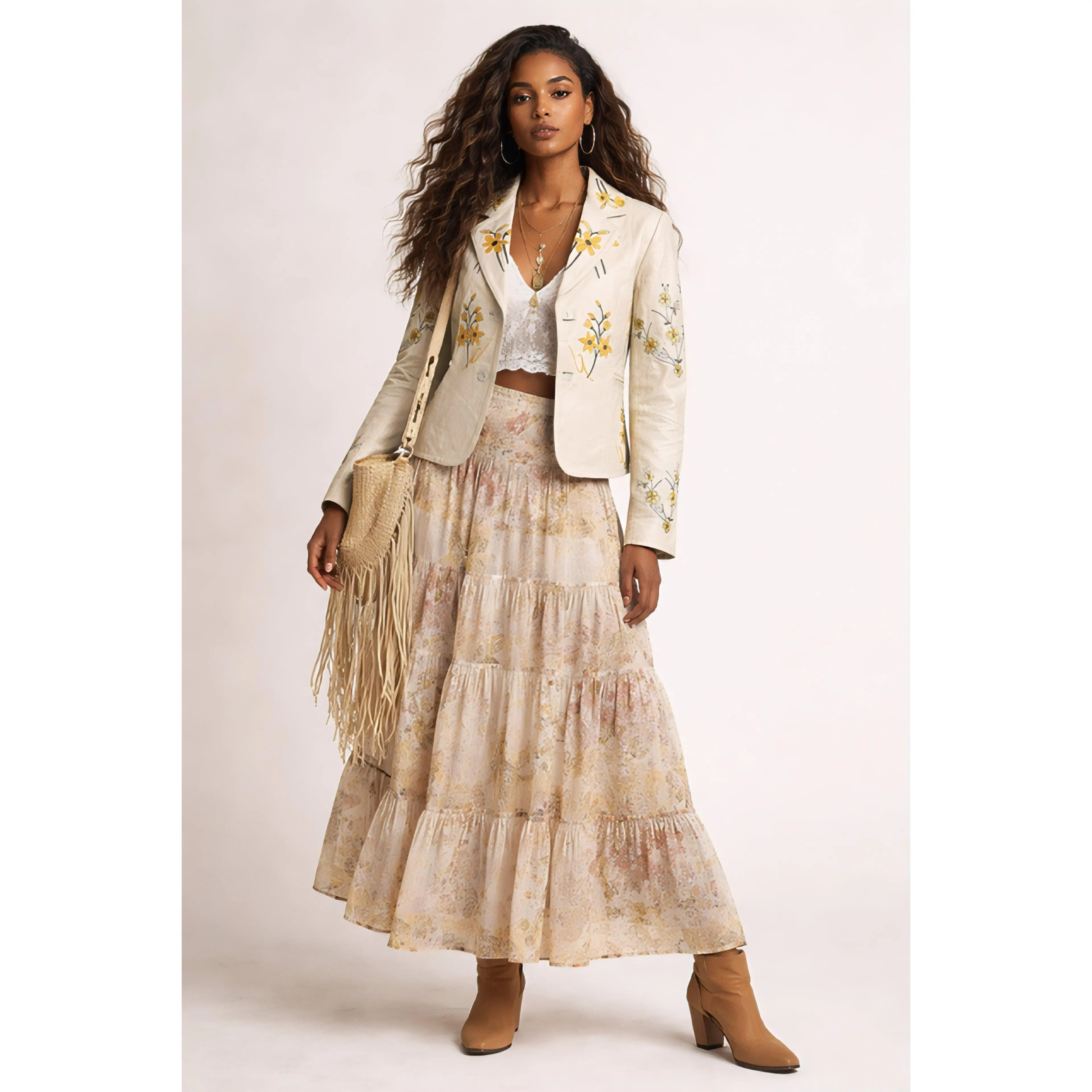 FLOWER WINE OFF WHITE EMBROIDERED LEATHER BLAZER