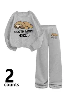 2-Piece Women's Gray Loungewear Pajamas Set with "SLOTH MODE ON" Sloth Graphic Print, Soft Fleece Set for Home Relaxation and Casual Comfort Wear