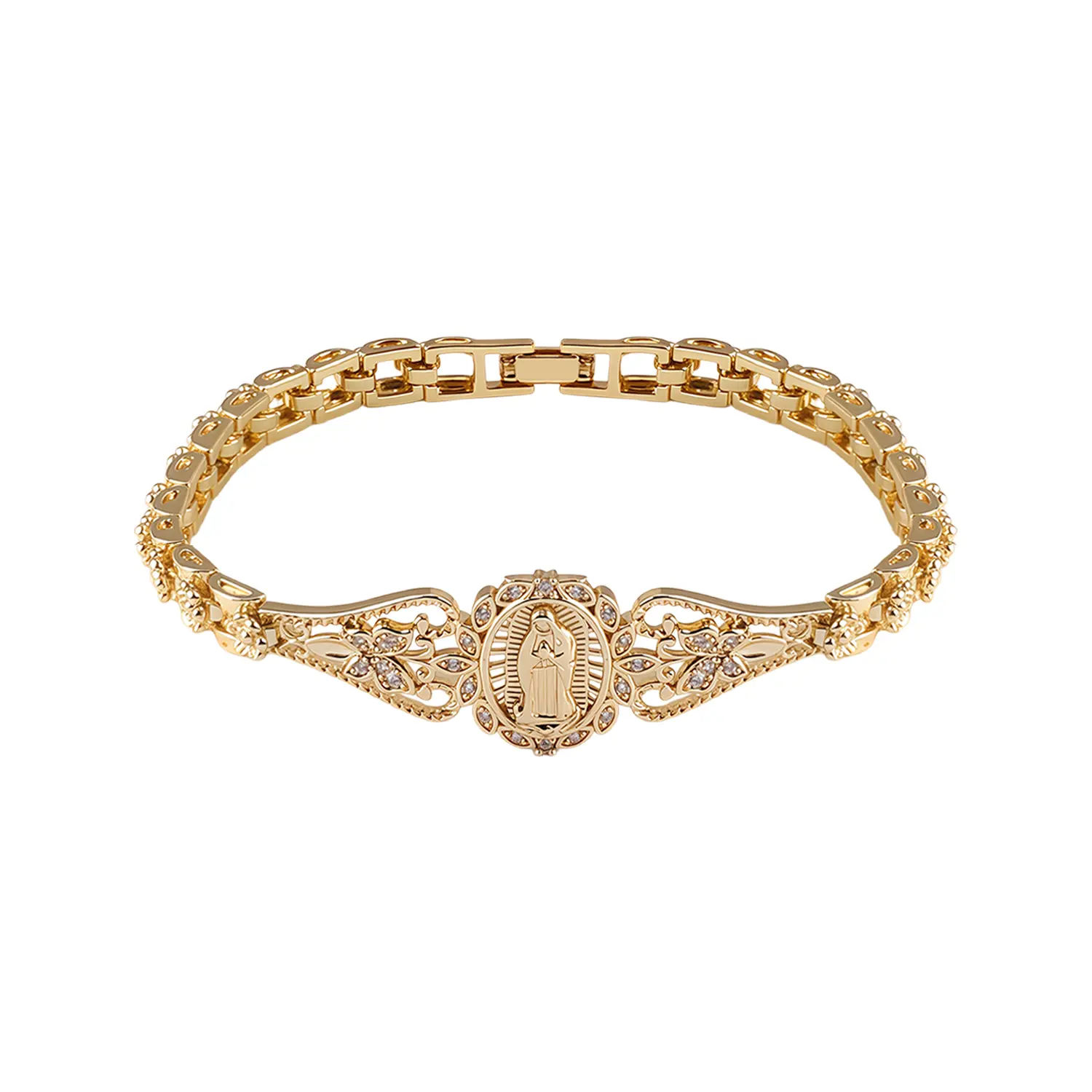 Mob Wife Aesthetic Virgin Mary Bracelet 18K Gold Plated Hollow Flower Geometric Watch Link Chain Religious Faith Jewelry Catholic Charm Spiritual Gift for Women Mom