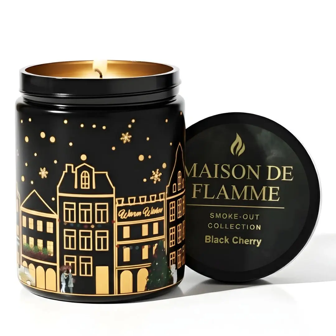 Maison De Flamme Black Cherry Light-Up Scented Candle – Dual LED Glow + Flame | Smoke-Out Collection (Black Jar, 200g / 7oz)