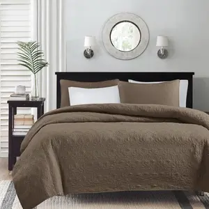 Quebec Set - Luxurious Damask Stitching, Cotton Filled Lightweight Coverlet Bedspread Bedding, Shams, King/Cal King(104"x94"), Mocha 3 Piece