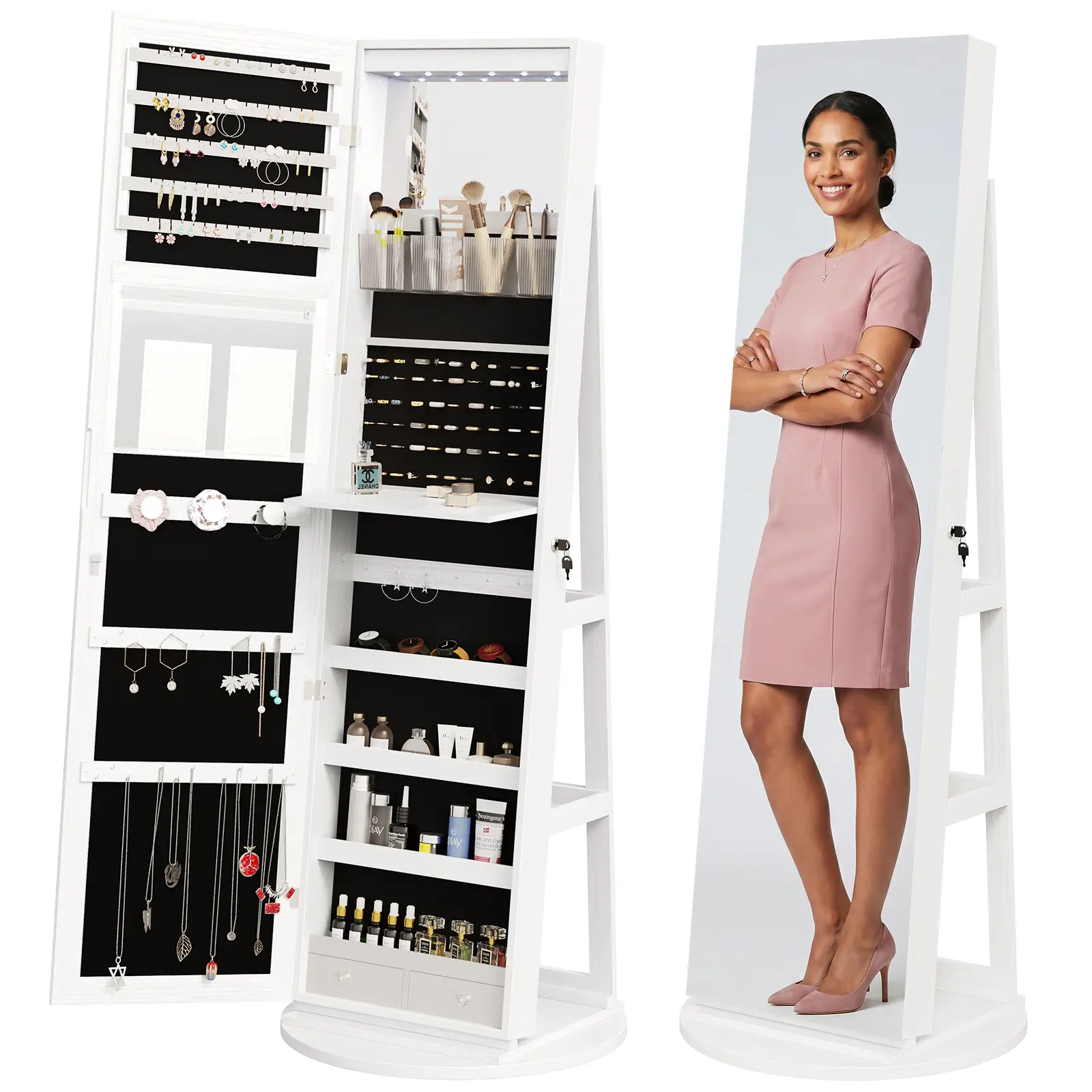 Sweetcrispy LIVE - 6 LEDs Standing Jewelry Armoire Cabinet, Full Length Mirror, Lockable | 360° Swivel, Jewelry Organizer and Storage, Build-in Mirror, Foldable Makeup Tray, Additional Storage Shelf