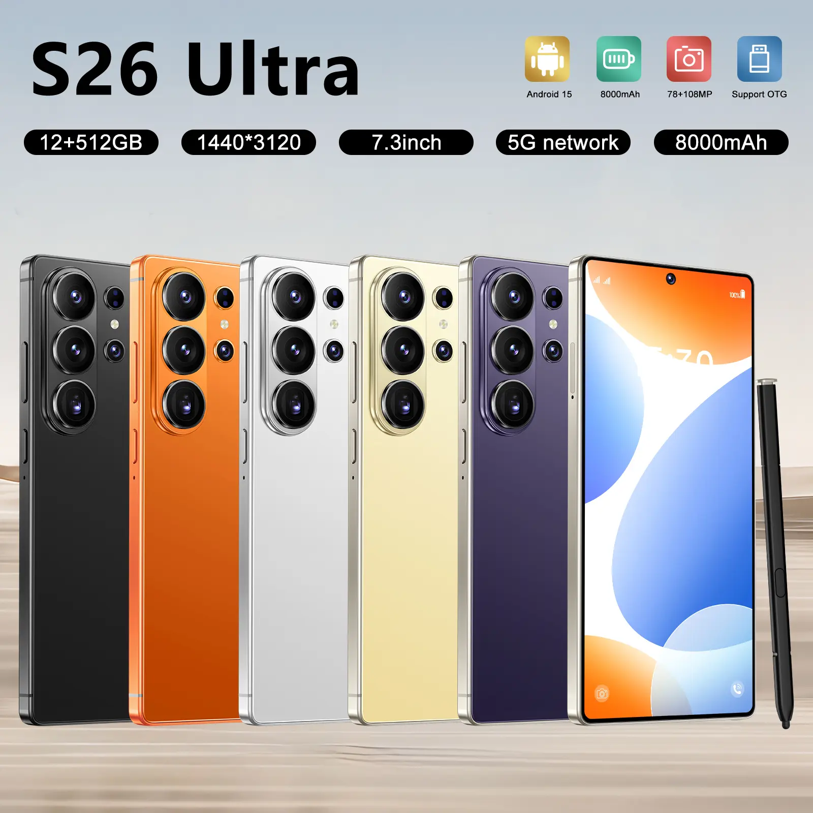 2026 New S26 Ultra 5G Android 15 Phone, 12GB RAM, 512GB Storage, 8000mAh Battery, 78MP+108MP Dual Camera, Face Unlock, Dual SIM, Full Kit
