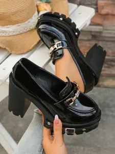 Women's Polished Patent Platform Loafers, Slip-On with Rhinestone Buckle & Stud Detail, Chunky Heel Lug Sole Shoes for Office, Professional Settings, Comfortable & Stylish