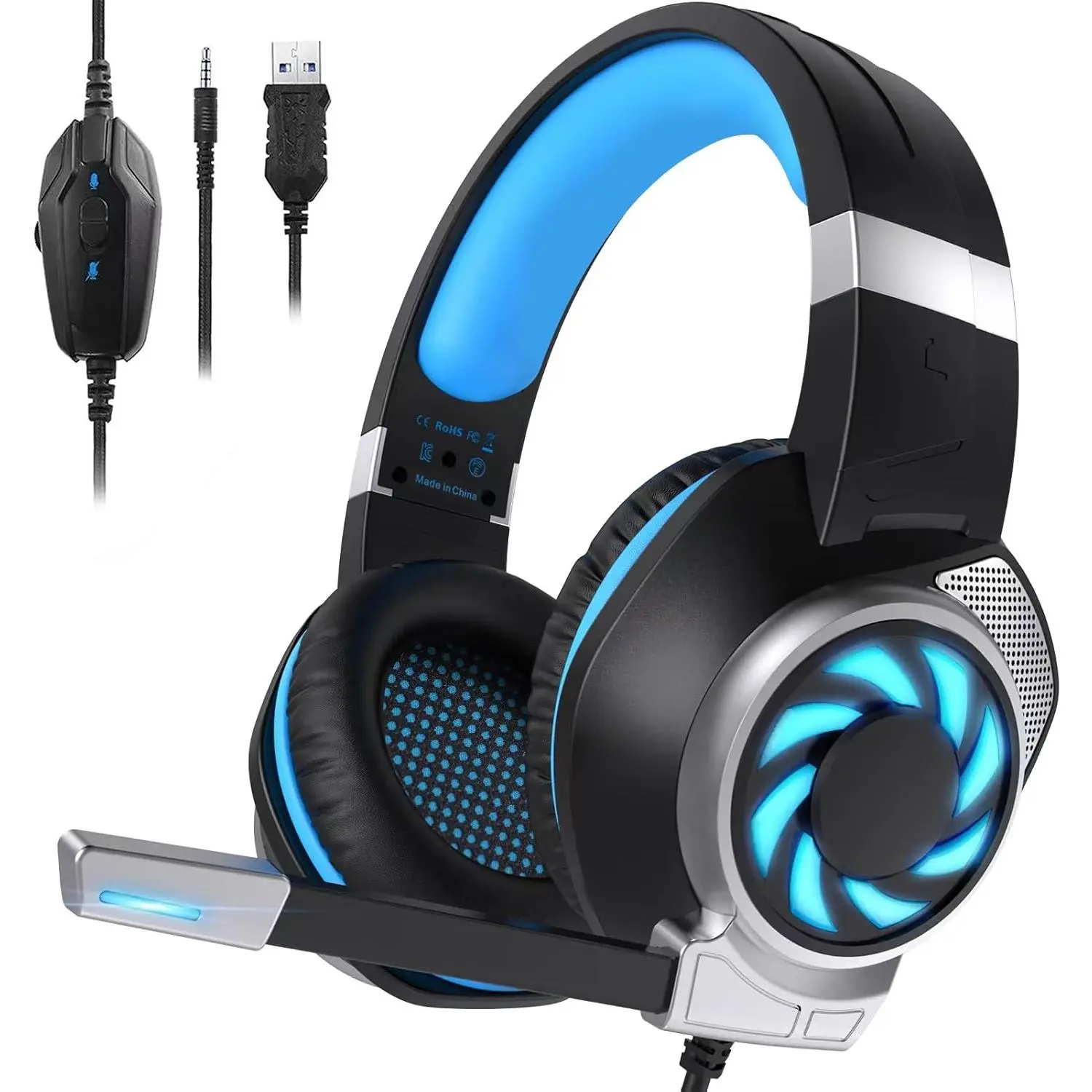 3C9-PHP017  Gaming Headset for PS4, Xbox One, PC, PS5, Laptop, Mac, Nintendo Switch, 3.5MM Noise Cancelling Over Ear Headphones with Mic, Bass Surround, Soft Memory Earmuffs (New Blue)