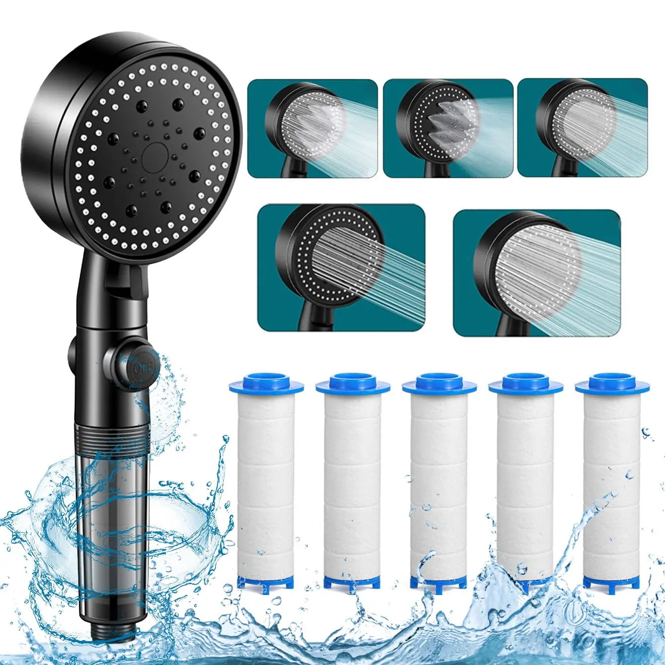 Handheld Filter Shower Head + 5 Filters, Abs Material, Five-Setting Shower Spray, Large Water Output, Bathroom Shower System, Showerhead with Filter, Filtered Shower Head