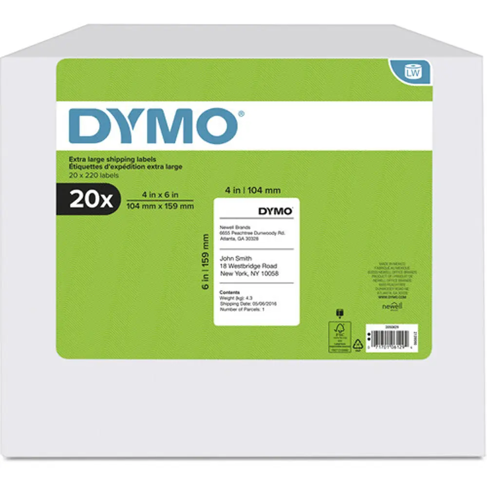 Dymo Extra Large Shipping Labels for LabelWriter 4XL/5XL (4 x 6", 220 Labels/Roll, 20 Rolls, White)