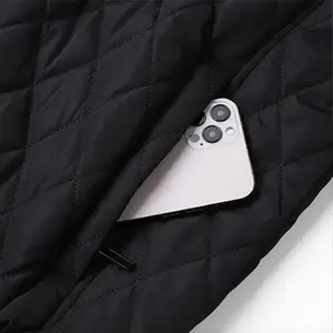 Men's Black Quilted Bomber Jacket - Diamond Pattern, Ribbed Cuffs / Hem, Warm Autumn Winter Everyday Streetwear Coat