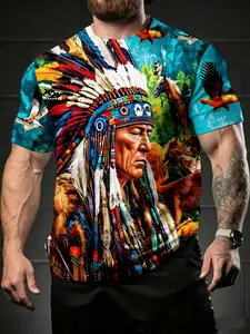 Men's Tribal Indian Chief Ethnic Cultural Graphic Round Neck T-Shirt, Bold Feather Headband Print, Casual Wear, Streetwear & Theme Party Top, Comfortable Fabric, Long Fitted Style