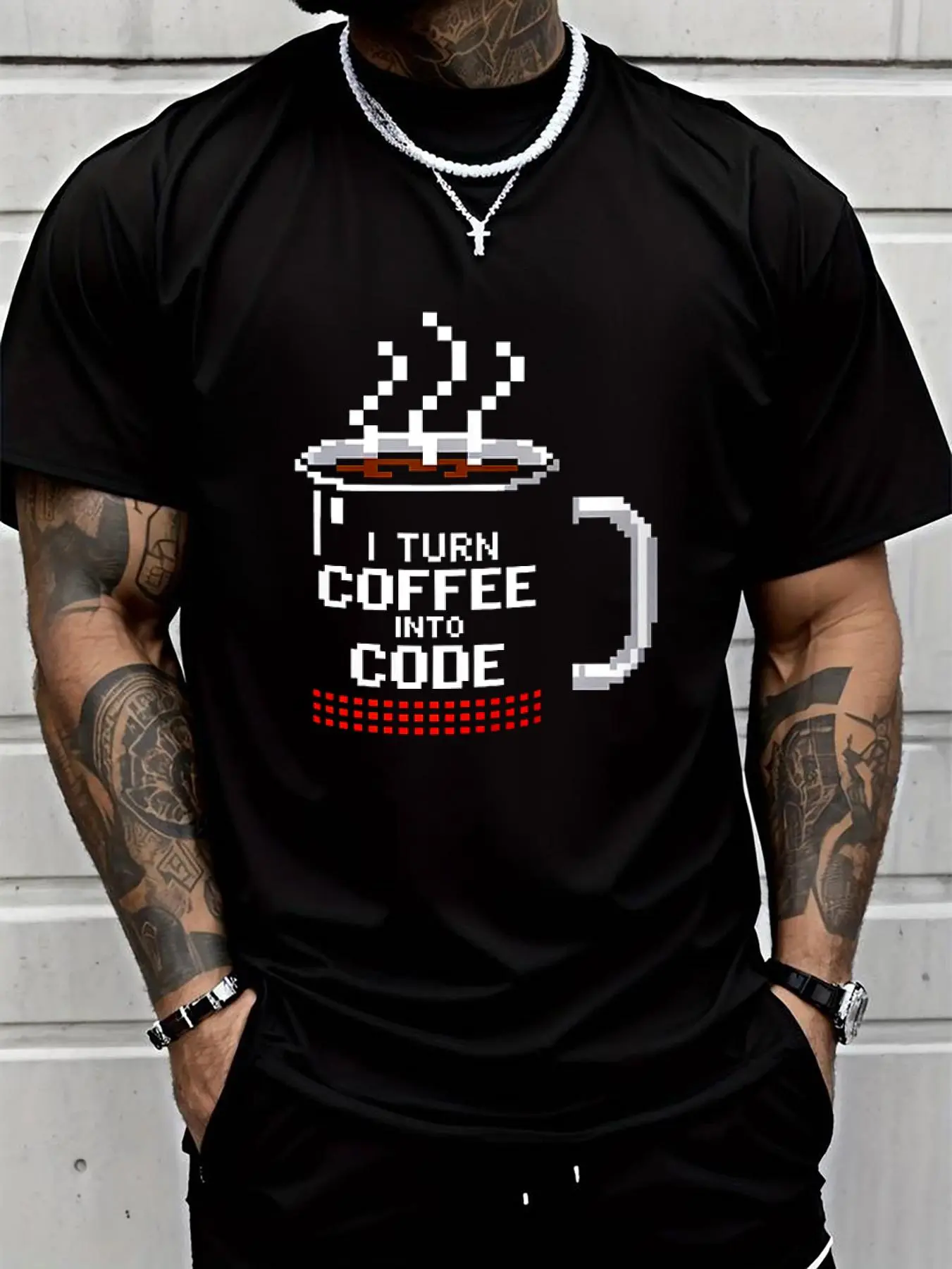100% cotton Mens I Turn Coffee Into Code Funny Retro Pixel Style Coder Coding o-neck T-Shirt Men Graphic T-Shirt Cotton Print short Sleeve Casual Top, Summer Tee Mens Tops
