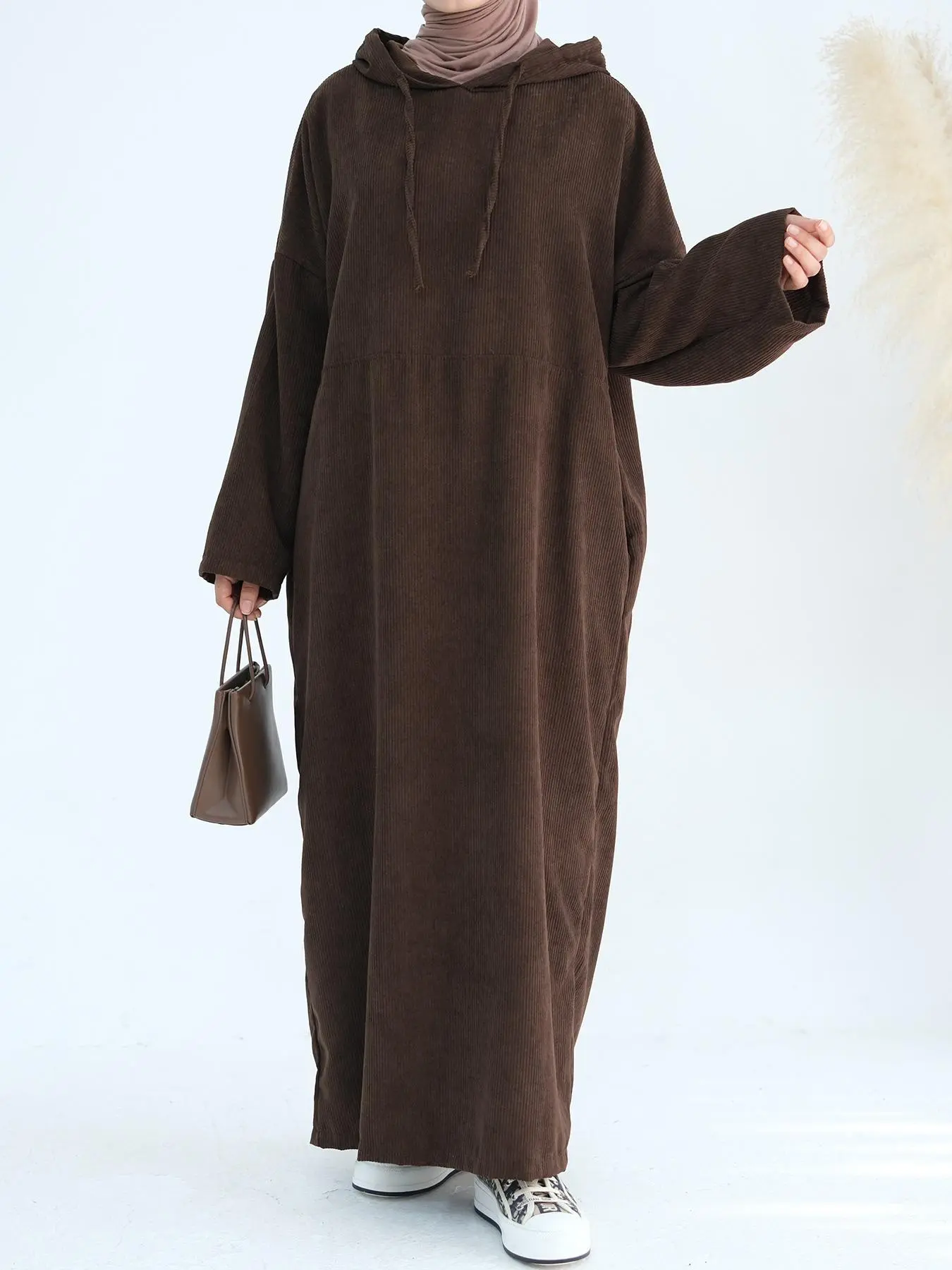 Women's Solid Drawstring Drop Shoulder Long Sleeve Hooded Kaftan Dress, Casual Pocket Long Sweatshirt Dress for Fall & Winter, Women's Modest Islamic Clothing for Daily Wear, Modest Muslim Clothing