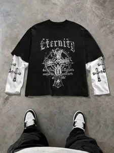 Men's Two-Piece Patchwork Colorblock Short Jacket, Gothic Metal Cross Print, Aesthetics, Casual Daily Wear, Unisex Street Style, All Seasons, Menswear, Tops, Loose, Long Sleeve, Graphic, Crewneck