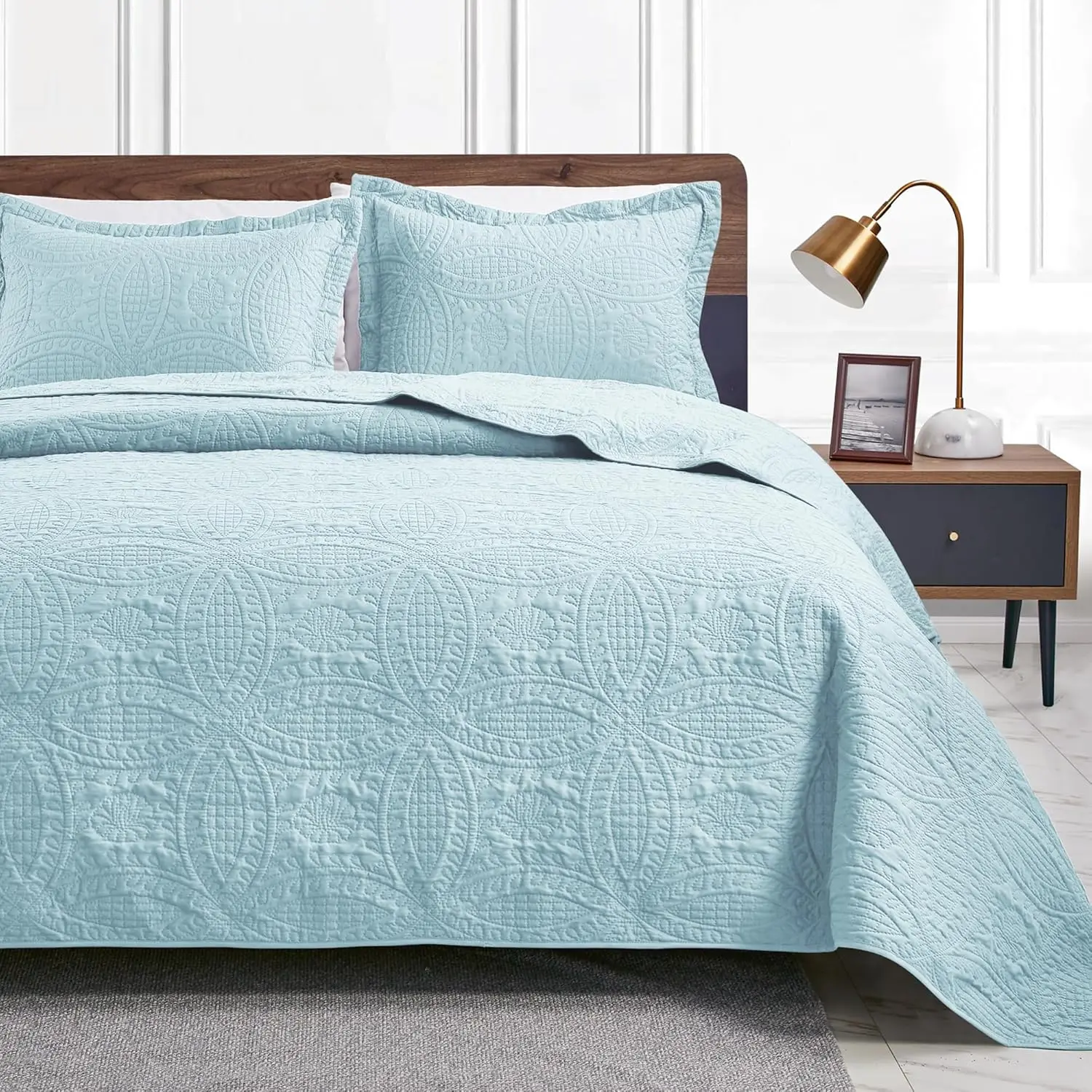 3 Pcs Quilt King/Queen Size Quilt With Pillow Shams, Modern Style Bedspreads Coin Pattern Coverlet For All Season, 3 Pieces Lightweight Pure Cotton Coverlet Bedding Set For All Seasons